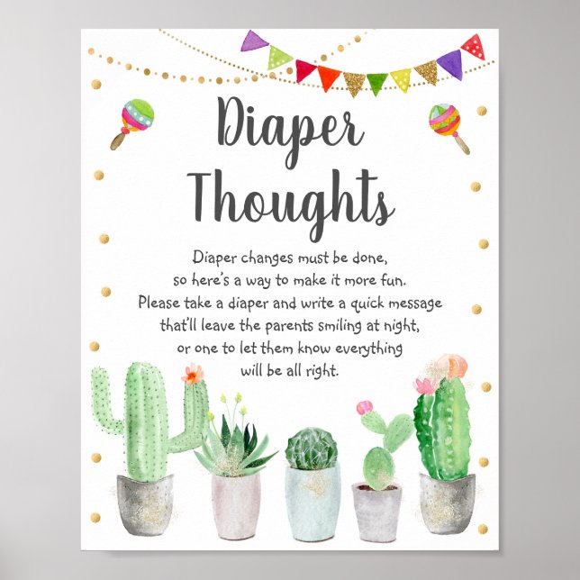 Gold Fiesta Cactus Diaper Thoughts Baby Shower Poster (Front)
