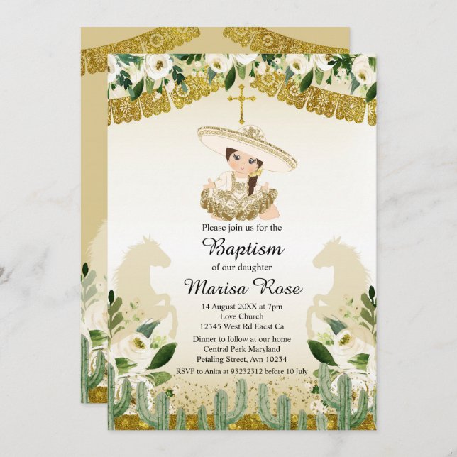 Gold Fiesta Girl Baptism Christening Invitation (Front/Back)