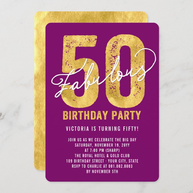 Gold Fifty and Fabulous 50th Birthday Party Invite (Front/Back)