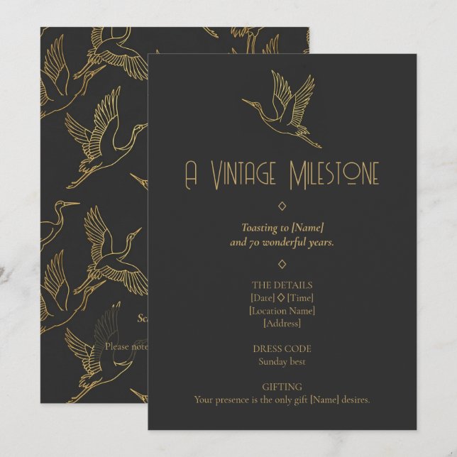 Gold Filigree Art Deco | Crane 70th Birthday Invitation (Front/Back)