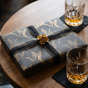 Gold Filigree Art Deco Crane Charcoal Grey Wrapping Paper