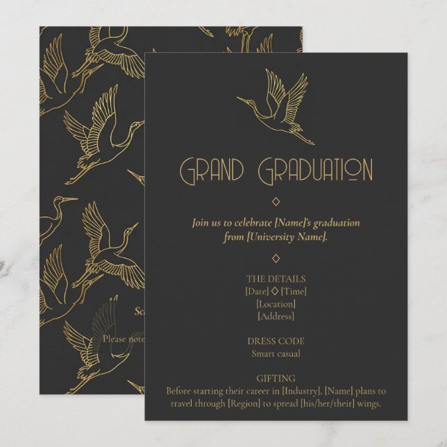 Gold Filigree Art Deco | Crane Graduation Invitation (Front/Back)