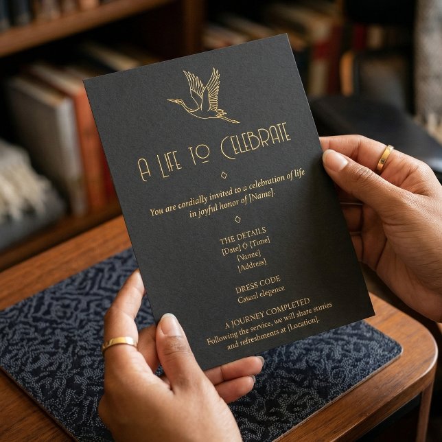 Gold Filigree Art Deco | Crane Memorial Invitation (Lifestyle Shot)