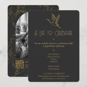 Gold Filigree Art Deco Crane Photo Memorial Invitation