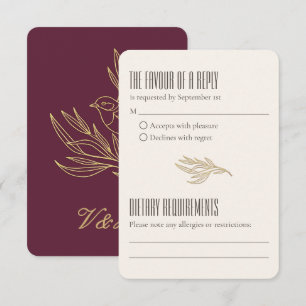 Gold Filigree Art Deco   Merlot Fairy Wren Wedding RSVP Card