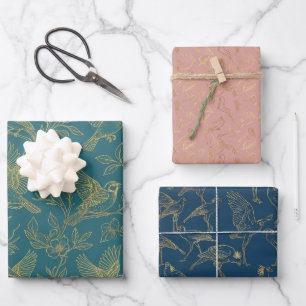 Gold Filigree Art Deco   Nordic Bloom Birds Set of Wrapping Paper Sheet