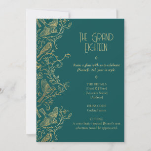 Gold Filigree Art Deco   Sparrow 18th Birthday Invitation