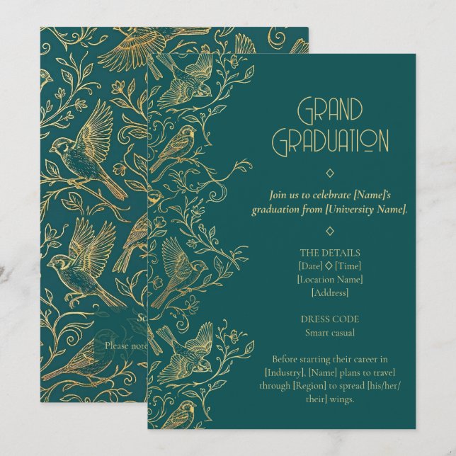 Gold Filigree Art Deco | Sparrow Graduation Invitation (Front/Back)