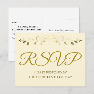 Gold Filigree Border Elegant Cream Wedding RSVP Postcard