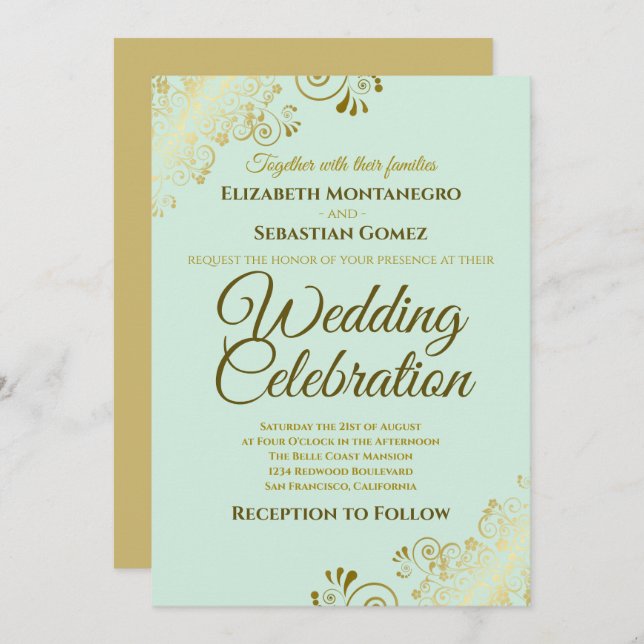 Gold Filigree Chic Elegant Neo Mint Green Wedding Invitation (Front/Back)