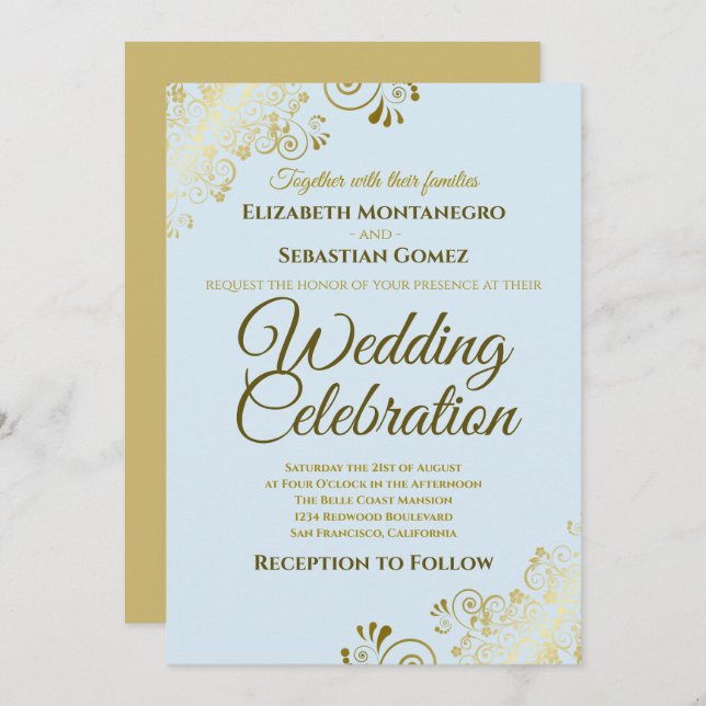 Gold Filigree Elegant Formal Powder Blue Wedding Invitation (Front/Back)