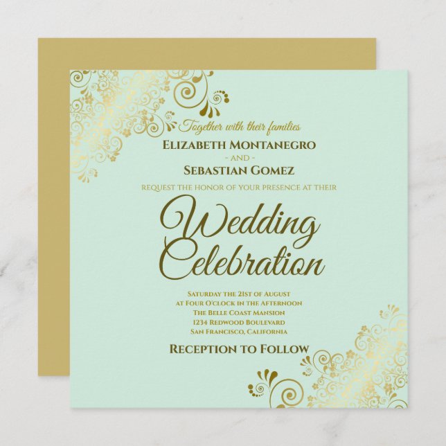 Gold Filigree Elegant Mint Green Square Wedding Invitation (Front/Back)