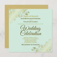 Gold Filigree Elegant Mint Green Square Wedding