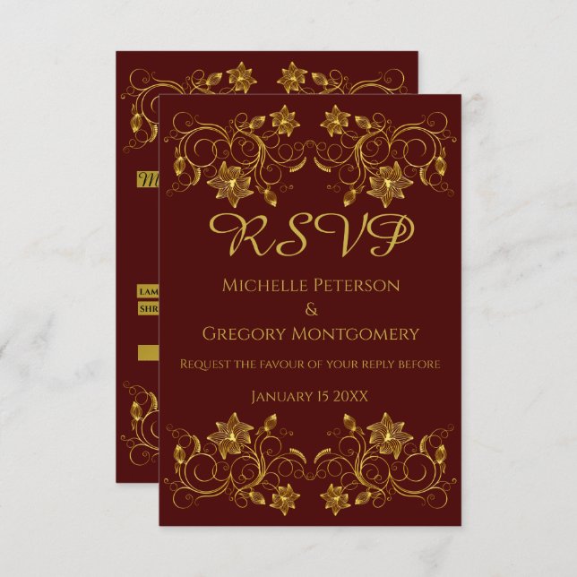 Gold Filigree Flower & Ivy on Burgundy background RSVP Card (Front/Back)