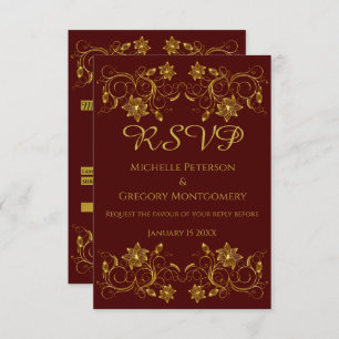 Gold Filigree Flower & Ivy on Burgundy background RSVP Card