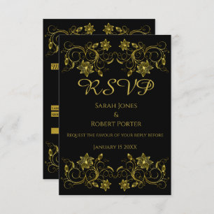 Gold Filigree Flower & Vine on Black background RSVP Card