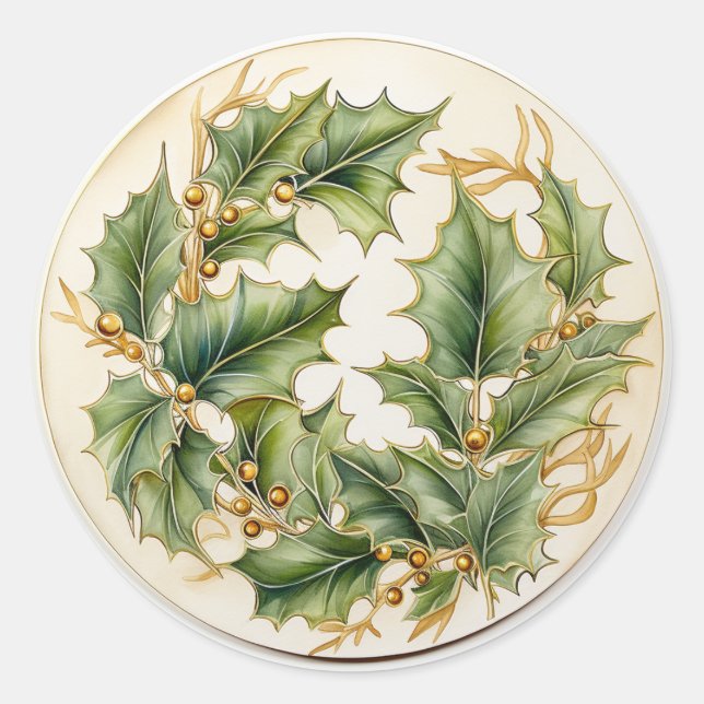 Gold Filigree & Holly Classic Round Sticker (Front)