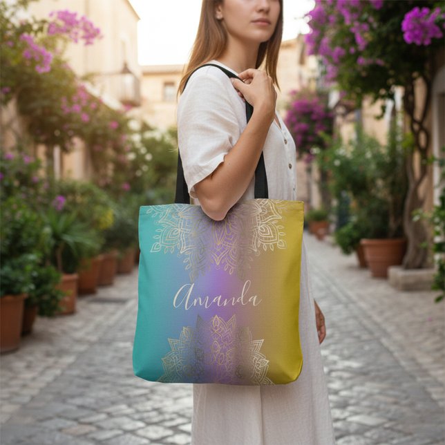 Gold Filigree Mandala On Pastel Rainbow Custom Tote Bag (Creator Uploaded)