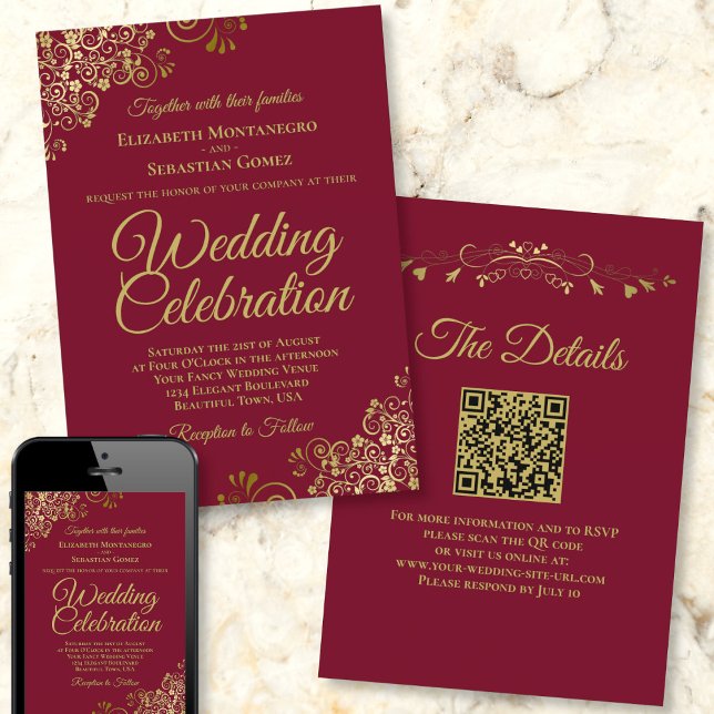 Gold Filigree on Burgundy Elegant QR Code Wedding Invitation (Front/Back/Downloadable)