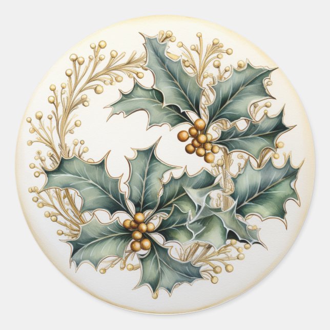 Gold Filigree on Holly Branches Classic Round Sticker (Front)