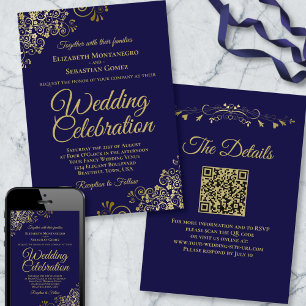 Gold Filigree on Navy Blue Elegant QR Code Wedding Invitation