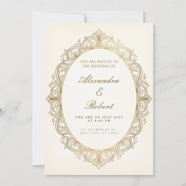 Gold Filigree Oval Baroque Wedding Invitation (Front)