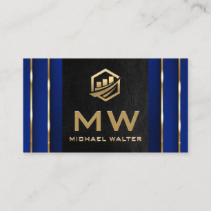 Gold Fin Tech Icon   Black Leather Gold Blue Business Card
