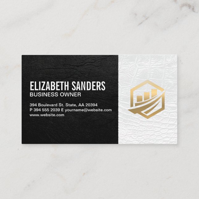 Gold Finance Icon | Black White Leather Executive Business Card (Back)