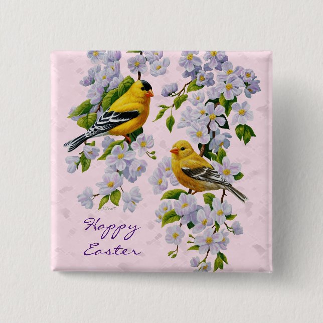Gold Finch Birds & Apple Tree Pink 15 Cm Square Badge (Front)
