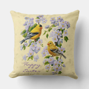 Gold Finches & Apple Blossoms Yellow Cushion