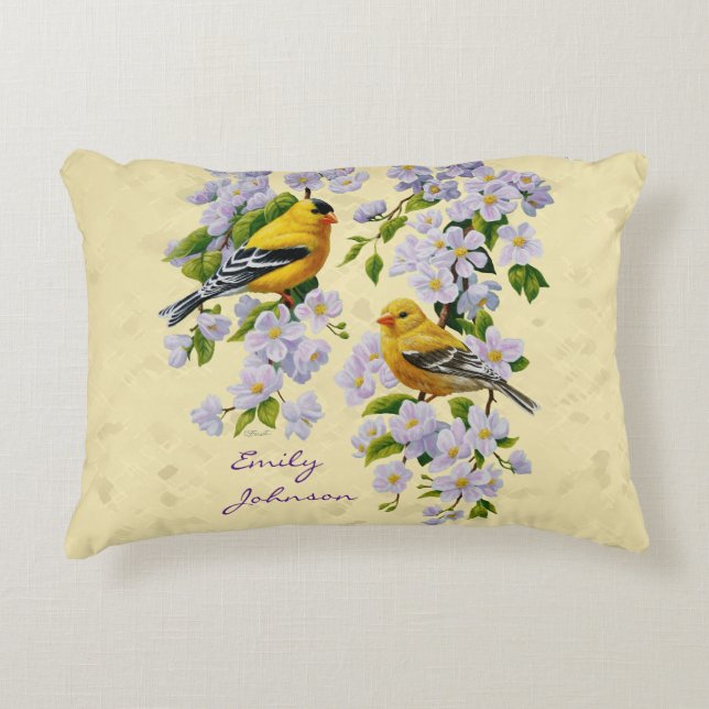 Gold Finches & Apple Blossoms Yellow Decorative Cushion (Front)