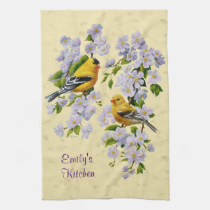 Gold Finches & Apple Blossoms Yellow Tea Towel