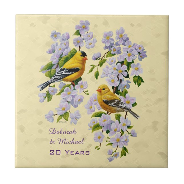 Gold Finches & Apple Blossoms Yellow Tile (Front)