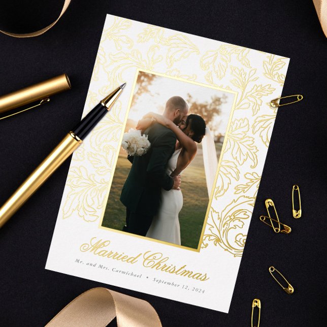 Gold Fine Filigree Married Christmas (real metallic foil filigree designed border Married Christmas photo holiday card for newlyweds)