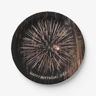 Gold fireworks on black birthday paper plate