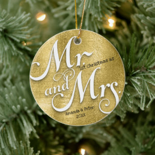 Gold First Christmas as mr and mrs newlywed photo Ceramic Tree Decoration