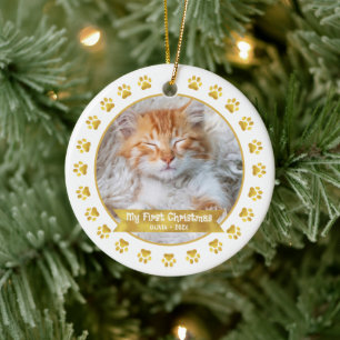 Gold First Christmas Pet Kitten Photo Paws Custom Ceramic Tree Decoration