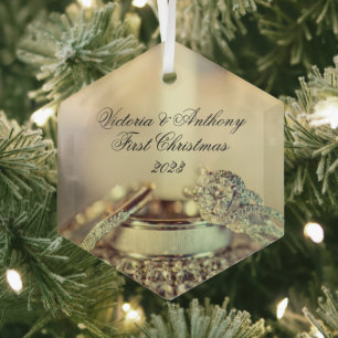 Gold First Christmas Together Date Rings Elegant Glass Tree Decoration