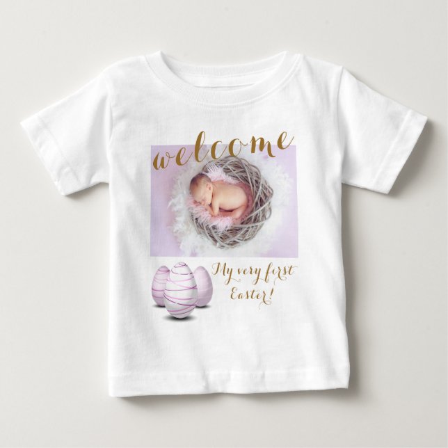 Gold First Easter Eggs Welcome Photo Baby Announce T-Shirt (Front)