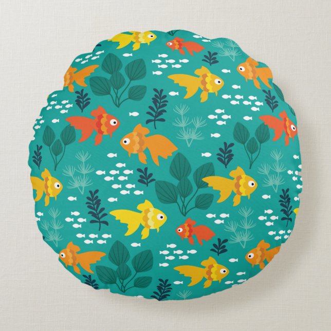 Gold Fish in Aquarium Round Cushion (Front)