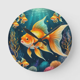 Gold Fish in Underwater Round Clock
