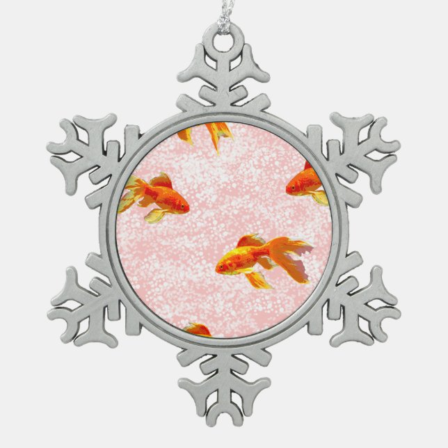 Gold fish pattern pink snowflake pewter christmas ornament (Front)