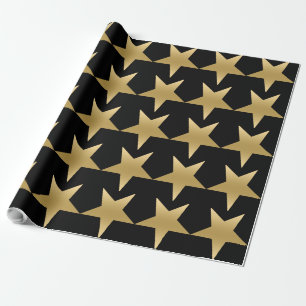 Gold Five Point Stars Pattern BlackBackground Wrapping Paper