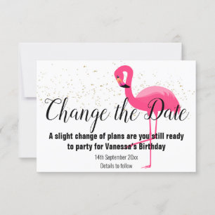 GOLD FLAMINGO PINK CHANGE THE DATE White RSVP Card