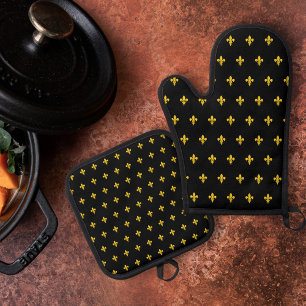 Gold Fleur de Lis Black Oven Mitt & Pot Holder Set