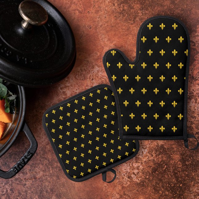 Gold Fleur de Lis Black Oven Mitt & Pot Holder Set (Gold Fleur de Lis Black Oven Mitt & Pot Holder Set)