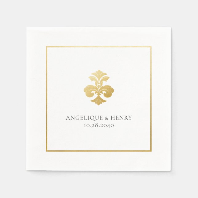 Gold Fleur de Lis Damask Personalised Wedding Napkin (Front)