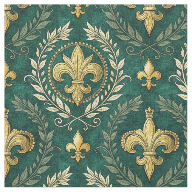 Gold Fleur-de-lis Emerald Green Damask Pattern Art Fabric (Close Up)