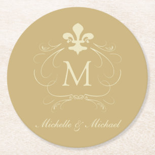 Gold Fleur de Lis Fancy Scroll Round Paper Coaster