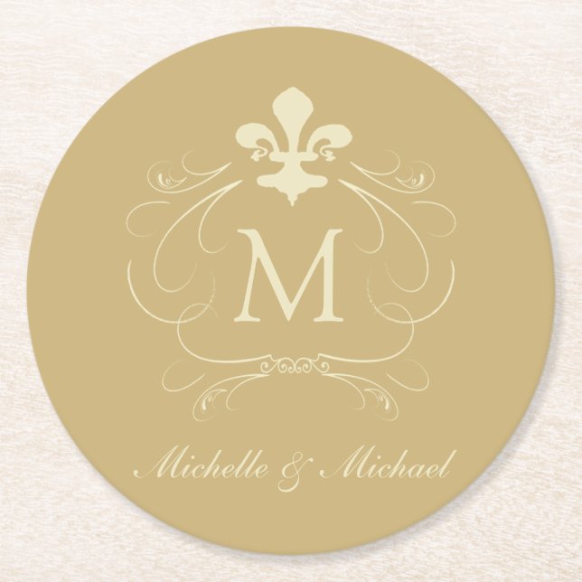 Gold Fleur de Lis Fancy Scroll Round Paper Coaster (Front)